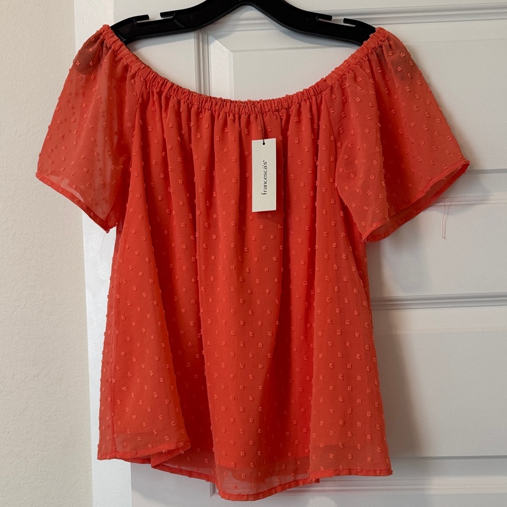 Francesca’s Coral Off-Shoulder Blouse